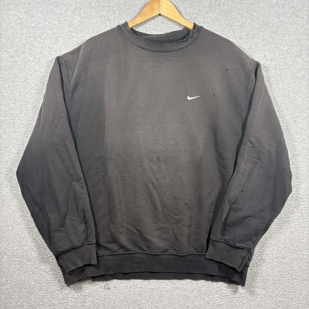 VTG Nike Distressed Faded Embroidered Swoosh Black Crewneck Grunge Baggy L Y2K